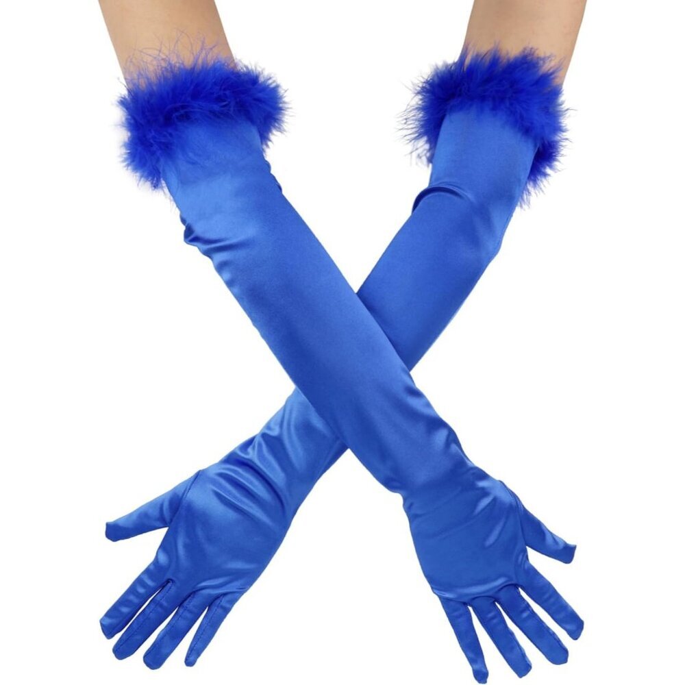 Women's Long Elbow Length Blue Satin Feather Trim Evening Gloves Tea Party